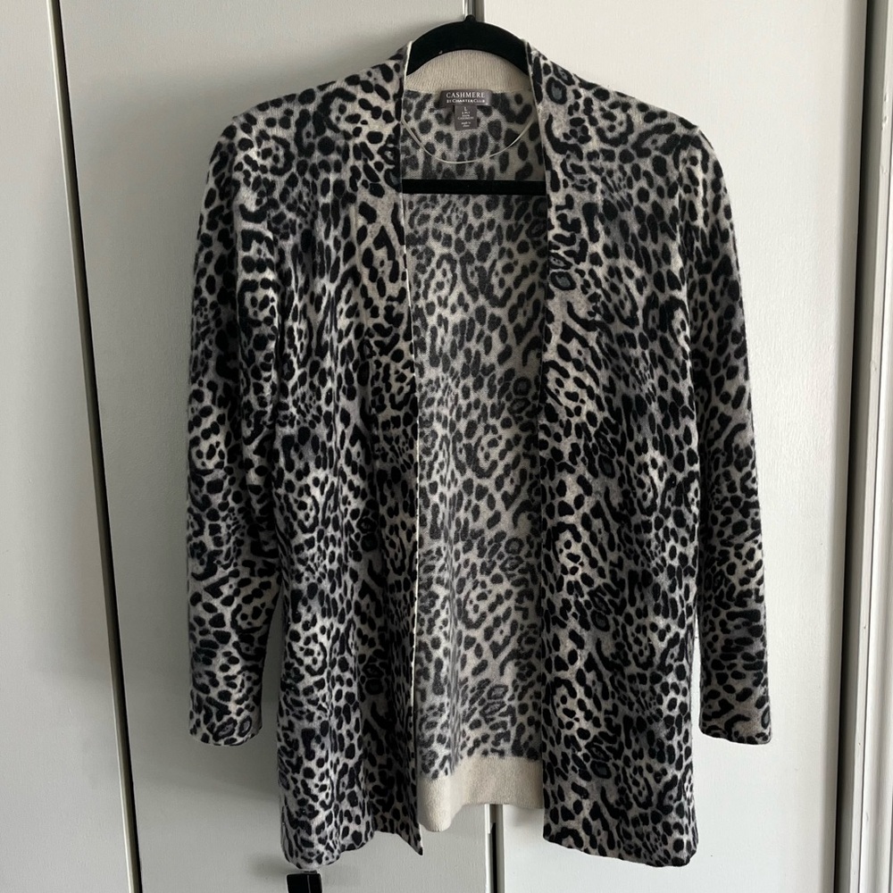 Charter Club Leopard Cheetah Print Cardigan 2-ply Cashmere